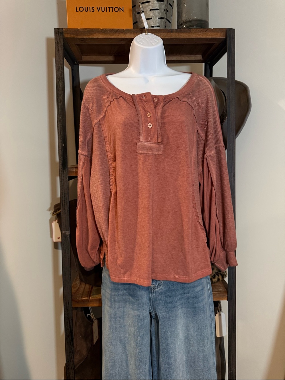 POL Rust Scoop-Neck Henley Sweatshirt